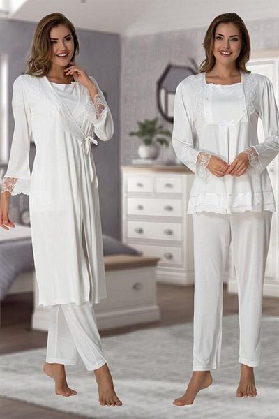CT MODA Effort Ecru Adjustable Waist Maternity Maternity Pajamas Set with Dressing Gown