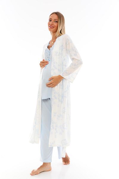 CT MODA Effort Women - Set de pijamale confortabile din 3 piese cu guler din dantelă albastră Maternitate Maternitate