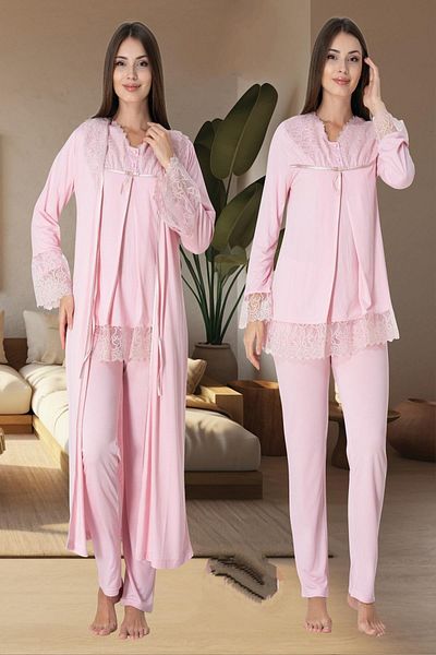 CT MODA Pink Lace Women's Cotton Maternity Pajamas and Dressing Gown Set - 3-Piece