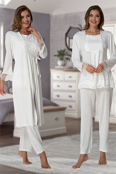 CT MODA Ecru Lace Detailed Cotton Maternity and Maternity Pajamas and Dressing Gown Set