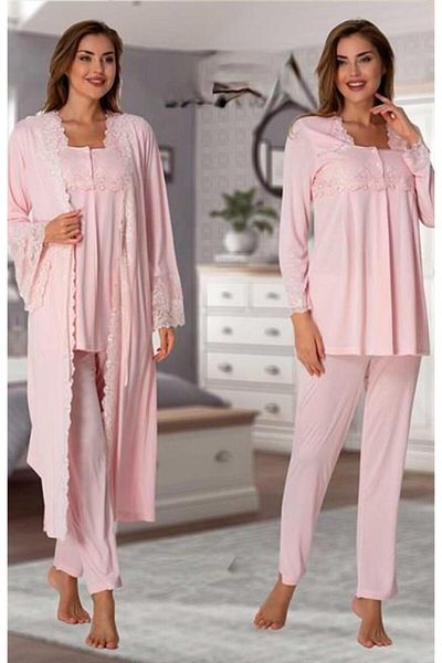 CT MODA Pink Lace Cut Effort Maternity Pajamas and Dressing Gown Set