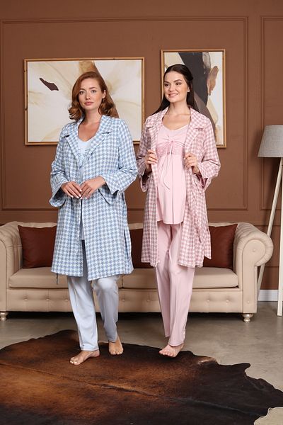 CT MODA Set pijamale și rochii de maternitate albastru - 3 bucăți cu model Houndstooth