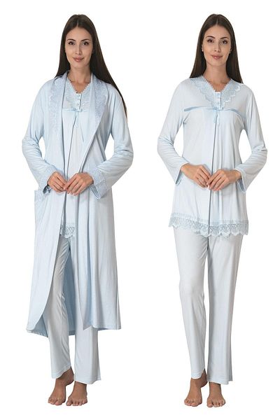 CT MODA Set pijamale de maternitate și rochii de toaletă din bumbac cu volan albastru - Set de 3