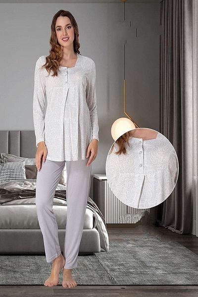 CT MODA Patterned Long Sleeve Cotton Maternity and Maternity Pajamas and Dressing Gown Set