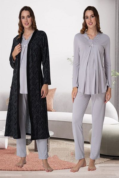 CT MODA Gray Patterned Cotton Maternity and Maternity Pajamas and Dressing Gown Set - NUR9058
