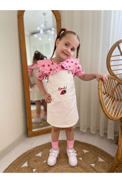 Generic Brand Strawberry Patterned Shirt and Strap Gilet Girl's Set