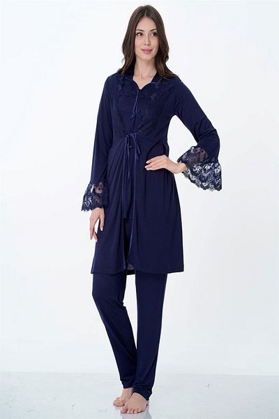CT MODA Navy Blue Lace Cotton Maternity and Maternity Pajamas and Dressing Gown Set - 3-Piece