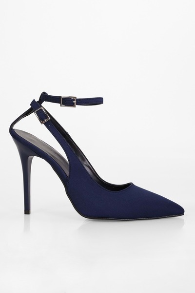Shoeberry Women's Mila Navy Blue Satin Belted Ankle Stiletto