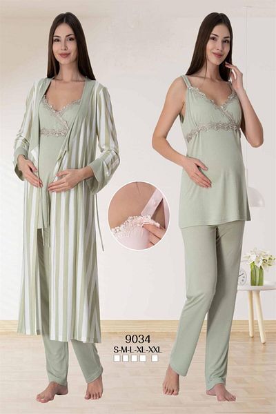 CT MODA Green Lace Cotton Women's Pajamas and Dressing Gown Set