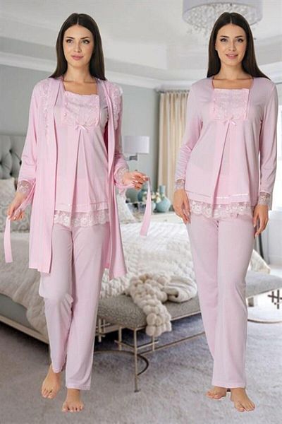 CT MODA Effort Women's Pink Lace Skirted Maternity Pajamas Set with Cotton Dressing Gowns