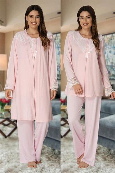 CT MODA Effort Pink Collar Detailed Maternity Maternity Pajamas Set with Dressing Gown