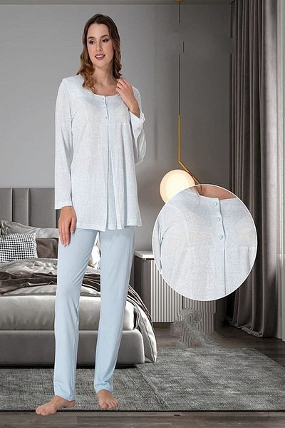 CT MODA Set de pijamale de maternitate din bumbac, cu mâneci lungi, cu model albastru, cu caracteristică de alăptare