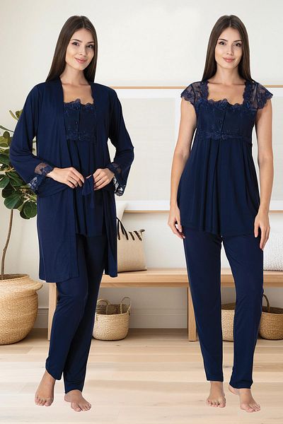 CT MODA Navy Blue Lace Maternity and Maternity Dressing Gown Pajama Set - Summer Cotton Combed