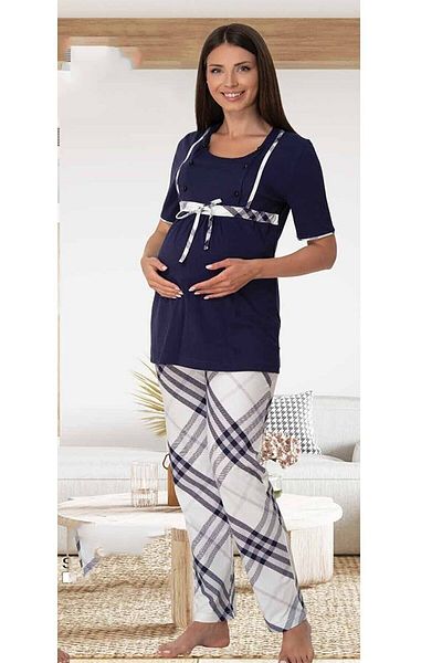 CT MODA Navy Blue Plaid Cotton Maternity and Maternity Pajamas Set - Short Sleeve