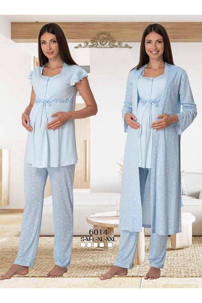 CT MODA Effort Set de 3 pijamale de maternitate cu model albastru - cu nasturi și rochie de dimineata