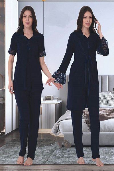 CT MODA Navy Blue Lace Women's Maternity and Maternity Pajamas and Dressing Gown Set - Short Sleeve Cotton
