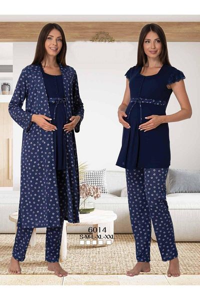 CT MODA Effort Women's - Navy Patterned, Buttoned Dressing Gown, 3-Piece Maternity Pajamas Set