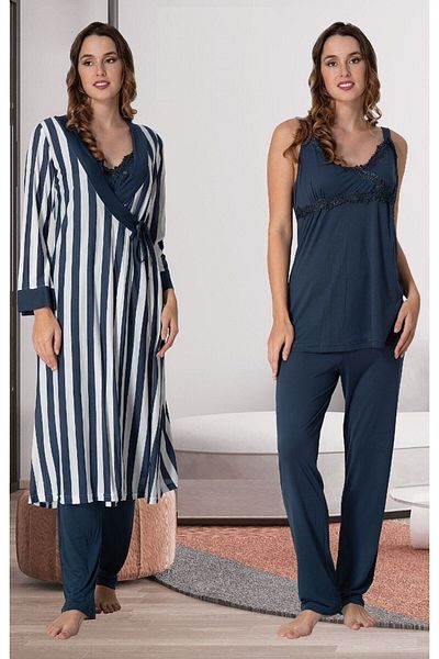 CT MODA Women's Navy Blue Striped Strappy Cotton Maternity Maternity Dressing Gown and Pajamas Set
