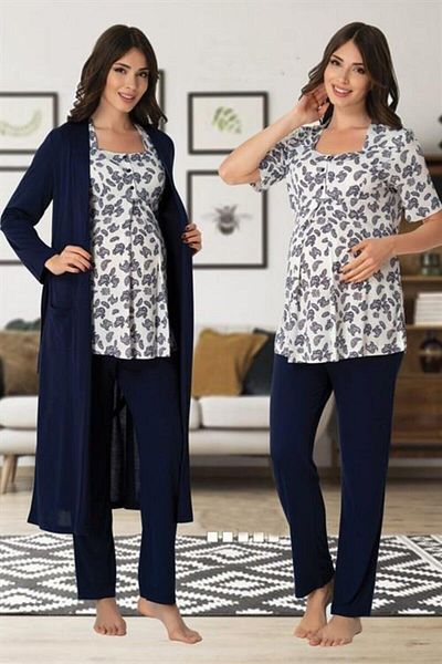 CT MODA Effort Navy Blue Maternity Pajamas and Dressing Gown Set