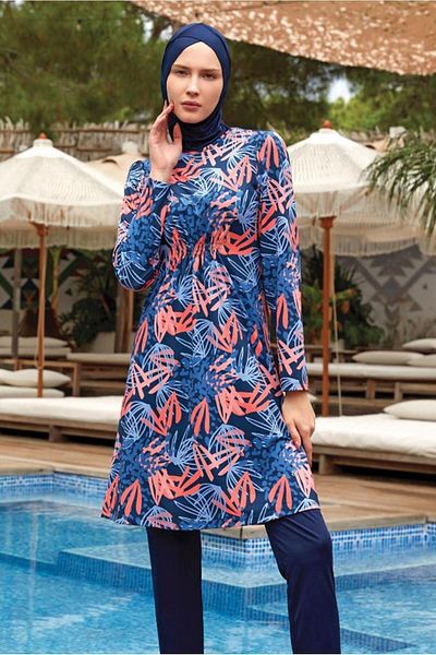 Qapılı Women's Lycra Long Sleeve Patterned Full Covered Hijab Swimsuit