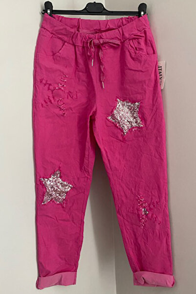 AYASOFYA OTANTIK Γυναικείο Φούξια Ιταλικό Παντελόνι με Παγιέτες και Σχέδιο Ασ...