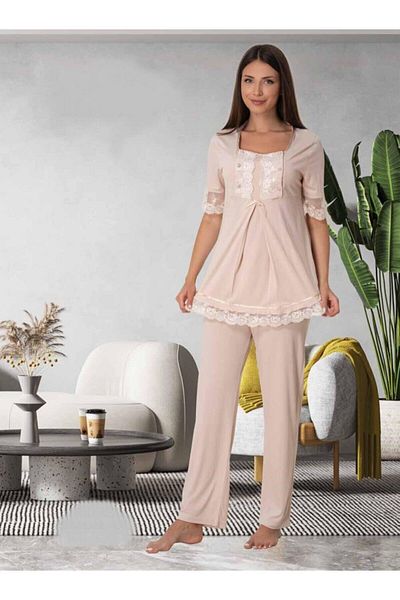 CT MODA Effort Women - Μινκ δαντέλα μανίκια, πανωφόρι με κουμπιά, σετ πιτζάμες εγκυμοσύνης 3 τεμαχίων