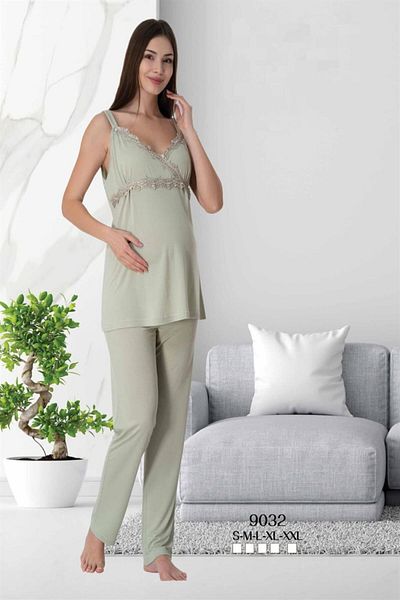 CT MODA Green Lace Cotton Women's Pajamas and Dressing Gown Set
