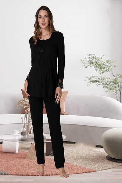 CT MODA Black Lace Cotton Long Sleeve Maternity and Maternity Pajamas Set - Feature Breastfeeding