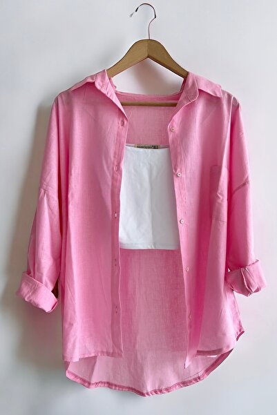 NUDEQUEEN Oversize Keten Dokulu %100 Pamuk Tek Cepli Salaş Gömlek KGT-KU3435