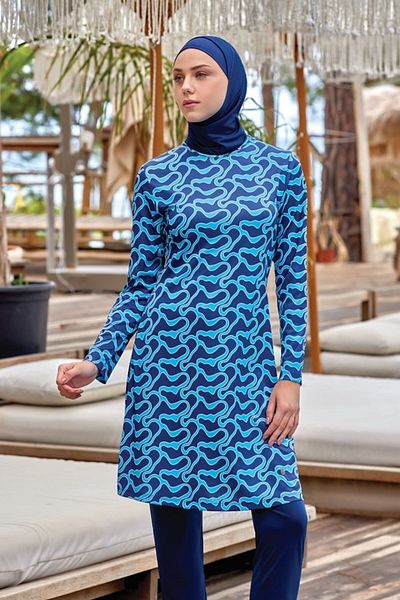 Kapılı Women's Lycra Long Sleeve Patterned Full Covered Hijab Swimsuit