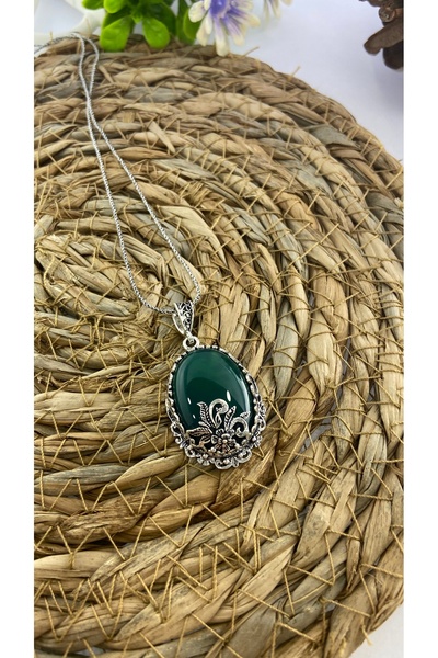 Midyat Artuklu Gümüşçülük Yeşil Akik Taşlı Gümüş Kolye