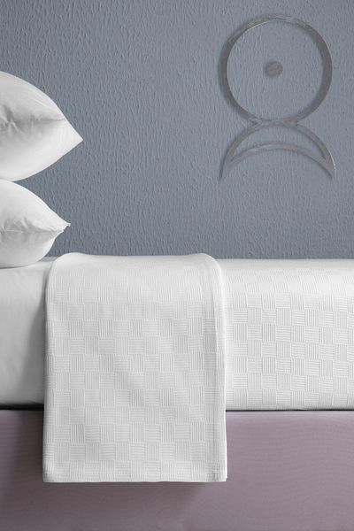 CEMETEKS FİRUZE Single White Patterned 100% Cotton Hotel Blanket 160x230, Luxury Blanket
