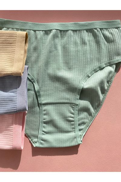 LEYNA BUTİK Corded Cotton Lycra 4-Piece Women's Triangle Bato Panties (Pink-Skin-Green-Blue)