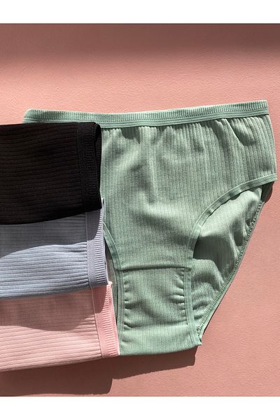 LEYNA BUTİK Corded Cotton Lycra 4-Piece Women's Triangle Bato Panties (Pink-Blue-Green-Black)