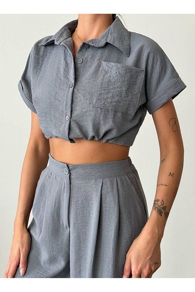 İLKCET MODA طقم قميص كتان قصير وبنطلون بالازون