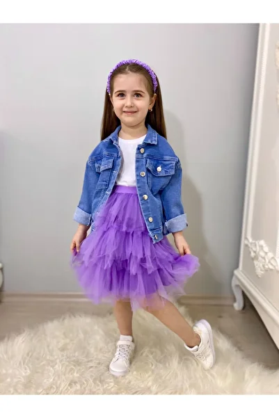 Yağmurun Butiği Embroidery Embroidered Denim Jacket Tutu Skirt and Single Jersey Triple Girl's Combination
