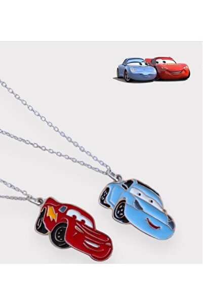 Herşey Nota Mcqueen & Sally Kırmızı Mavi Şimşek Cars Çift Kolye