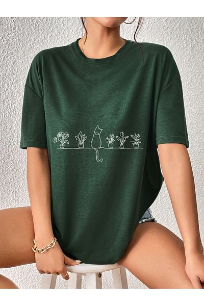 aynewmoda tricou oversize cu imprimeu pisică așezată pe raft