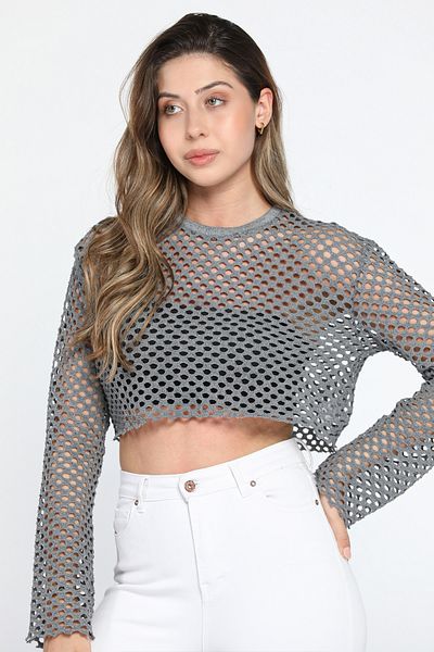 GÜLSELİ Anthracite Crew Neck Openwork Crop Top Mesh Blouse