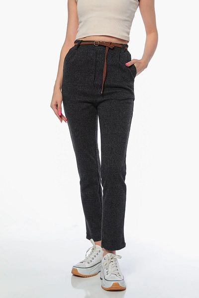 GÜLSELİ Black Women's High Waist Self Patterned Belted Winter Trousers