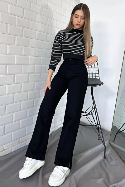 GÜLSELİ Crne široke ženske jeans pantalone sa visokim strukom i detaljnim pro...