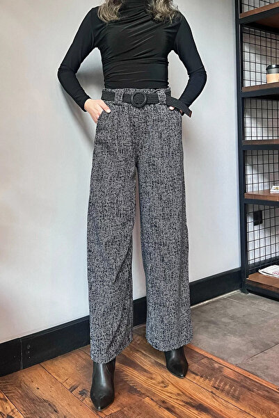 GÜLSELİ Fekete női téli olajbogyó mintás rakott részletes öves Palazzo nadrág