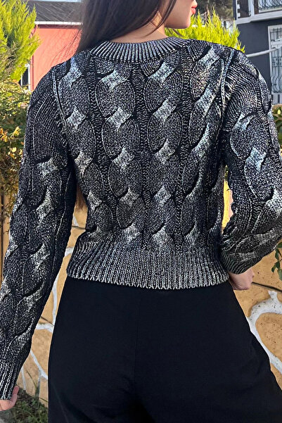 GÜLSELİ Black Women's Crew Neck Glitter Crop Top Knitwear Sweater