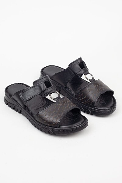 Adım Adım Γυναικείες ορθοπεδικές μαύρες παντόφλες από γνήσιο δέρμα