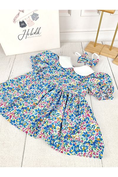 Hobidik Baby Girl Blue Floral Baby Collar Cotton Viscose Floral Dress