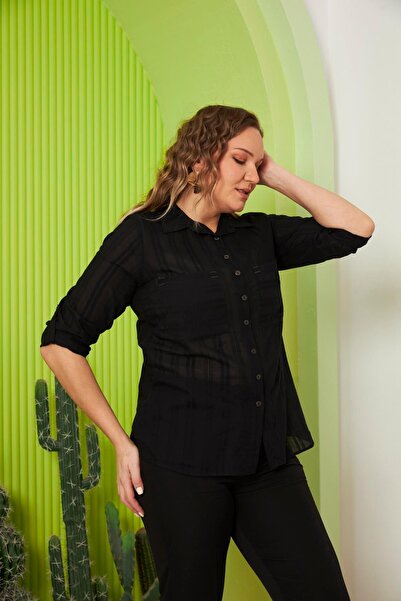 RMG Plus Size Black Shirt - Pocket and Sleeve Detail