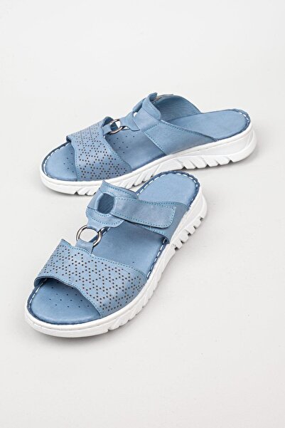 Adım Adım Γυναικείες ορθοπεδικές μπλε παντόφλες από γνήσιο δέρμα