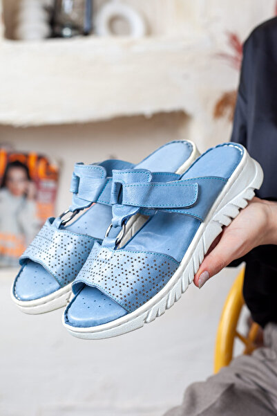 Adım Adım Γυναικείες ορθοπεδικές μπλε παντόφλες από γνήσιο δέρμα