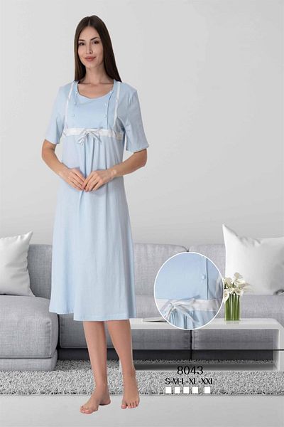 CT MODA Cămașă de noapte de maternitate pentru femei, albastră, cu mânecă scurtă din bumbac - Design de maternitate