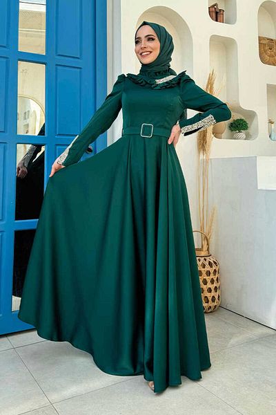 Bym Fashion فستان سهرة من الساتان 1155 زمرد - إكسسوار حزام مزين بكشكشة وأحجار